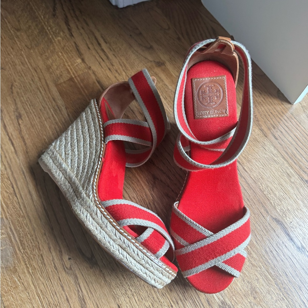 Tory Burch Adonis Womens Size 10 Red Blue Stripe Canvas Espadrille Wedge